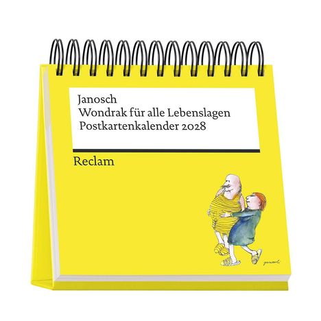 Text: Janosch, Wondrak für alle Lebenslagen, Postkartenkalender 2028, Reclam. Illustration: Zwei Personen in bunter Kleidung.