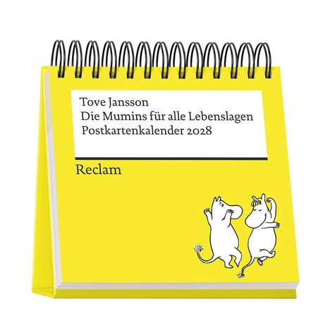 Ein gelber Postkartenkalender mit der Aufschrift "Tove Jansson, Die Mumins für alle Lebenslagen, Postkartenkalender 2028, Reclam". Darunter zwei tanzende Illustrationen der Mumins.