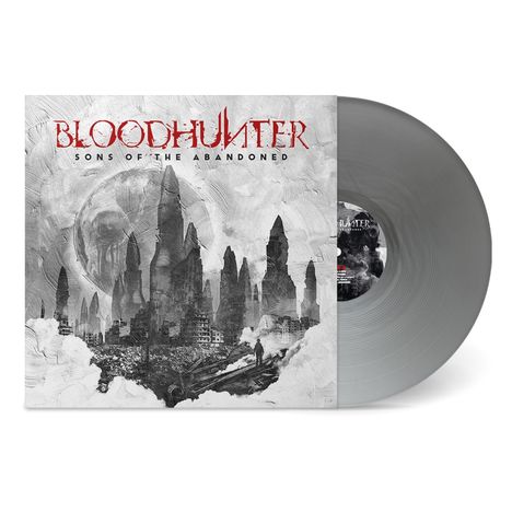 „BLOODHUNTER – SONS OF THE ABANDONED“ in roter und schwarzer Schrift auf einem grau-schwarzen, apokalyptischen Stadtbild.