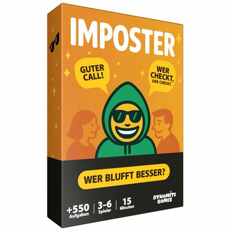 Texte: GUTER CALL!, WER CHECKT, DER CHECKT., IMPOSER, WER BLUFFT BESSER?, +550 Aufgaben, 3-6 Spieler, 15 Minuten, DYNAMITE GAMES. Illustration: Person im Hoodie.