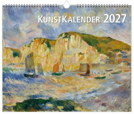 "KUNSTKALENDER 2027" in Weiß auf einem Gemälde von Küstenklippen, Meer, Booten und Häusern unter wolkigem Himmel.