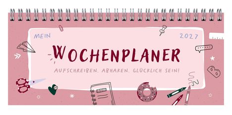 "MEIN WOCHENPLANER 2026. Aufschreiben, Abhaken, Glücklich Sein!" Pastellfarbener Planer mit Schulsymbolen.