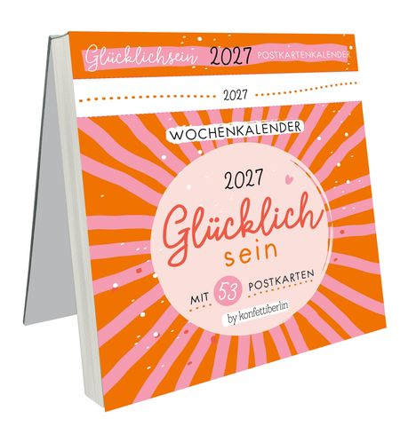 "Glücklichsein 2027 Postkartenkalender, 2027 Wochenkalender, 53 Postkarten" auf orange-rosa Hintergrund.