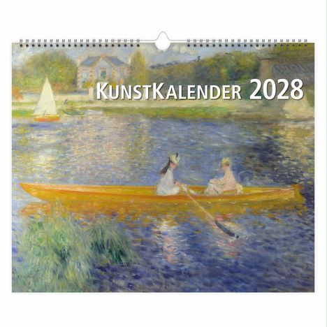 Text: "KunstKalender 2028". Impressionistisches Gemälde von zwei Personen im Kanu auf einem Fluss, mit idyllischem Hintergrund.