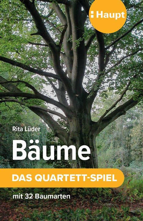 "Rita Lüder Bäume. DAS QUARTETT-SPIEL mit 32 Baumarten." Ein großer, verzweigter Baum im Wald, Logo oben rechts.