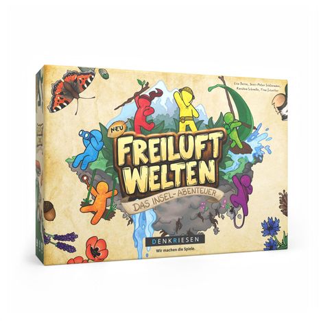 "NEU FREILUFT WELTEN DAS INSEL-ABENTEUER DENKRIESEN Wir machen die Spiele." Illustrative Figuren und Naturmotive.