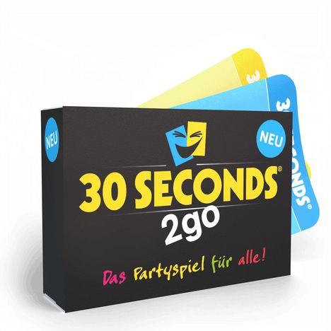 „30 SECONDS 2go“ steht in Gelb auf einer schwarzen Schachtel. Oben rechts „NEU“, unten „Das Partyspiel für alle!" in bunten Buchstaben.