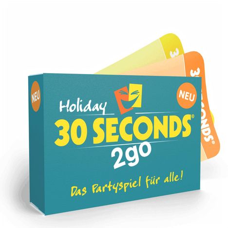 "Holiday 30 SECONDS 2go. Das Partyspiel für alle!" Verpackung, blau mit einem lächelnden Maskenlogo und "NEU"-Sticker.
