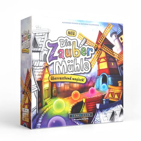 "Die Zauber Mühle: überraschend magisch!" Bunte Mühle und Kugeln, verspieltes Design in lebhaften Farben.