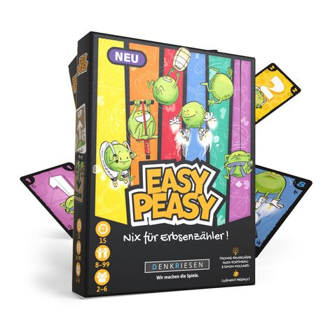 „NEU“, „EASY PEASY“, „Nix für Erbsenzähler!“, „DENKRIESEN“. Bunte Illustrationen mit grünen, fröhlichen Charakteren.