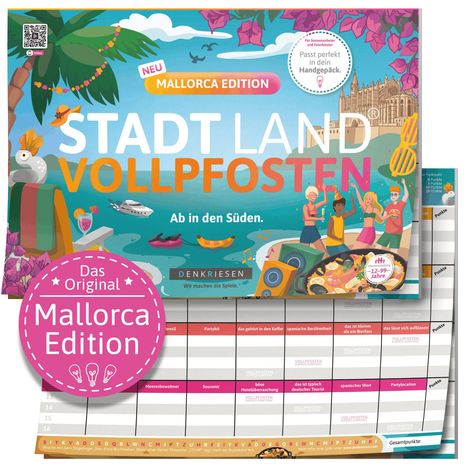 „Mallorca Edition“ – Fröhliche Illustration mit Strand, Palmen, Booten und Menschen in sommerlicher Atmosphäre.
