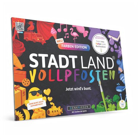 „Stadt Land Vollpfosten“ in bunten Buchstaben, umgeben von farbenfrohen Symbolen wie Eis, Flamingo und Geschenken.