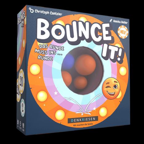 "Bounce It! Das Runde muss ins... Runde. Denkverlag. Illustration von bunten Spielchips und Bällen um eine Schachtel."