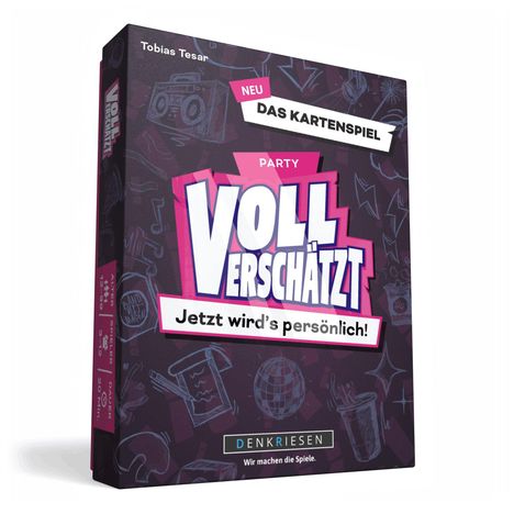 Text: "Neu: Das Kartenspiel", "Voll Verschätzt - Jetzt wird's persönlich!", "DENKRIESEN - Wir machen die Spiele". Party-Design.