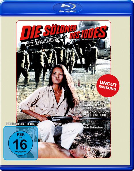 "Die Söldner des Todes", "Invaders of the Lost Gold", "Uncut Fassung". Frau mit Gewehr, Soldaten im Hintergrund.