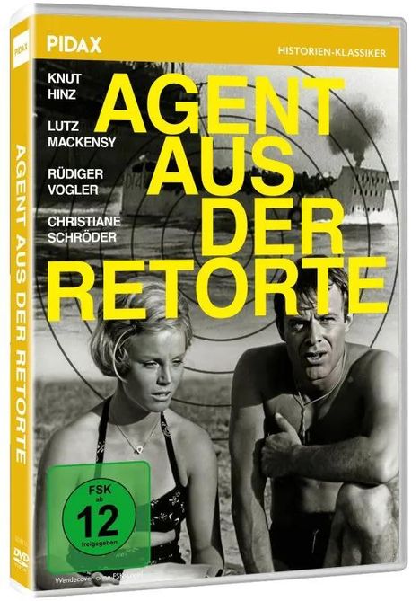 Text: "Knut Hinz, Lutz Mackensy, Rüdiger Vogler, Christiane Schröder, Agent aus der Retorte, FSK 12 freigegeben". Schwarzweißfoto zeigt ein Paar in Badebekleidung.