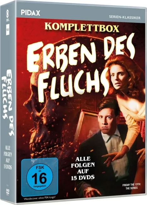 „Erben des Fluchs“ Komplettbox, alle Folgen auf 15 DVDs, ab 16 freigegeben. Zwei Personen neben einem Totenschädel.