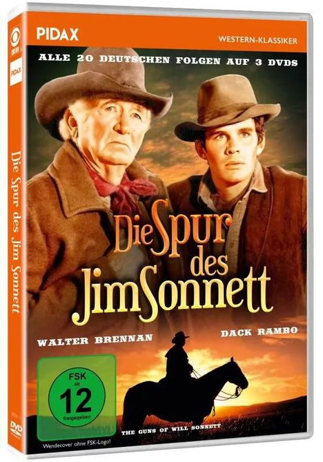 "Die Spur des Jim Sonnett", Western-Klassiker DVD-Cover, Zwei Männer mit Hüten, Silhouette eines Reiters vor Sonnenuntergang.