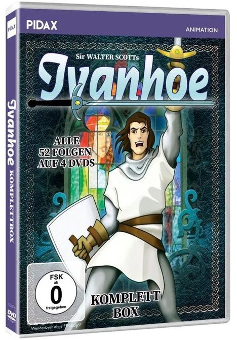 DVD-Hülle: "Ivanhoe" in großer Schrift, 52 Folgen auf 4 DVDs, FSK 0. Illustration eines Ritters mit erhobenem Schwert.