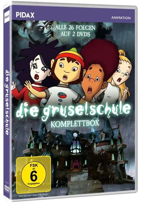"Die Gruselschule - Komplettbox, alle 26 Folgen auf 2 DVDs." Illustration von vier erschrockenen Figuren vor einer Spukschule.