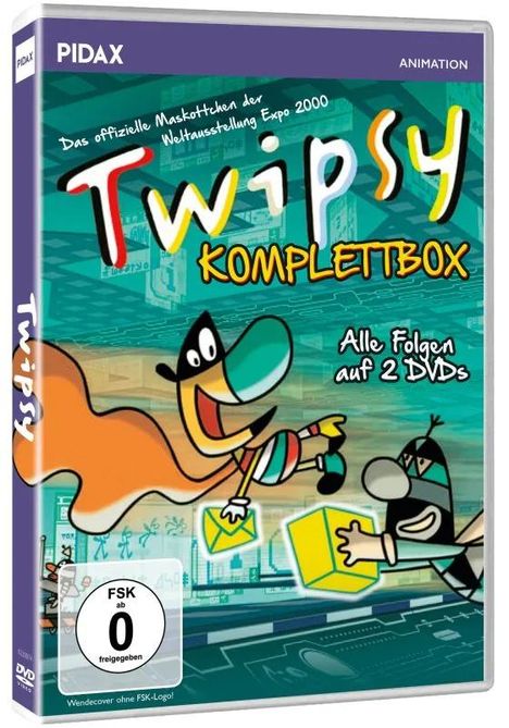 Text: "Das offizielle Maskottchen der Weltausstellung Expo 2000. Twipsy KOMPLETTBOX. Alle Folgen auf 2 DVDs." Illustration: Buntes Maskottchen.