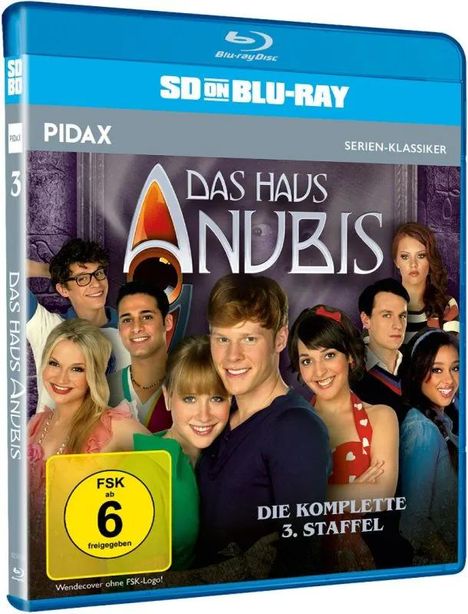 Beschreibung einer Blu-ray-Hülle. Oben steht "SD ON BLU-RAY". Titel: "DAS HAUS ANUBIS". Darunter fröhliche Personen. FSK 6.
