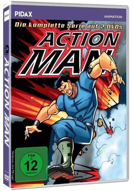 Text: "Die komplette Serie auf 2 DVDs", "ACTION MAN", "FSK ab 12 freigegeben". Illustration: Ein springender Held in Blau.