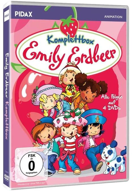 "Emily Erdbeer Komplettbox", "Alle Folgen auf 4 DVDs". Kindliche Figuren und ein Hund, umgeben von einer großen Erdbeere.