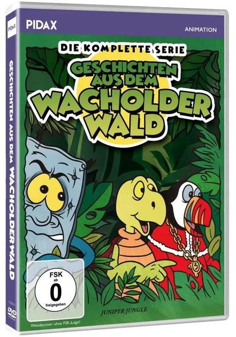 "DIE KOMPLETTE SERIE GESCHICHTEN AUS DEM WACHOLDER WALD" über drei Cartoon-Figuren im Dschungel.