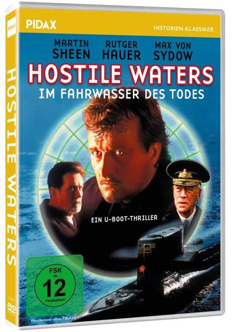 Titel: HOSTILE WATERS – IM FAHRWASSER DES TODES. Gelbes DVD-Cover, zeigt drei Männer und ein U-Boot, FSK 12.