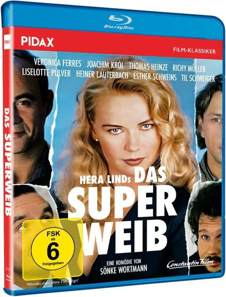Aufschrift: "Hera Linds Das Superweib", FSK 6. Hauptperson mit blonden Haaren zwischen zwei Männern.