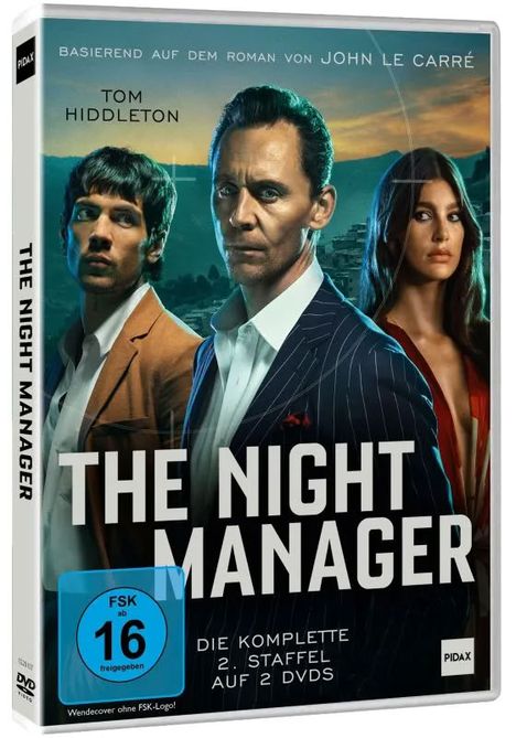 „Basierend auf dem Roman von John le Carré. Tom Hiddleston. THE NIGHT MANAGER. Die komplette 2. Staffel auf 2 DVDs.“ Drei Personen im Anzug vor einem Abendhimmel.
