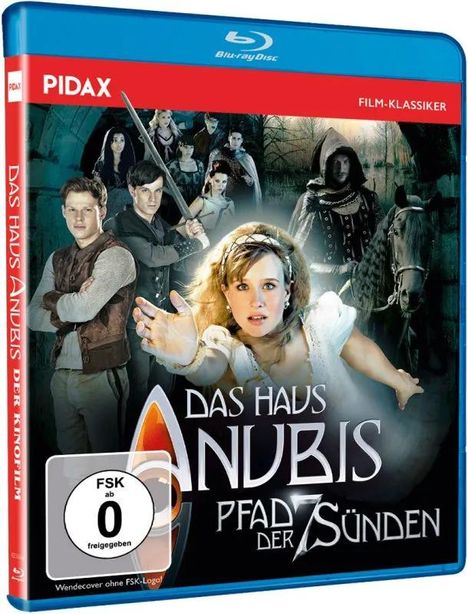 Text: "DAS HAUS ANUBIS PFAD DER 7 SÜNDEN", "PIDAX", "FSK ab 0 freigegeben". Vorne eine Frau, andere Figuren im Hintergrund.