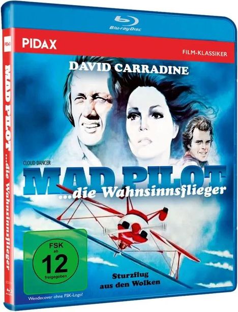 Text: "FSK ab 12 freigegeben", "David Carradine", "Mad Pilot ...die Wahnsinnsflieger", "Sturzflug aus den Wolken". Illustration zeigt fliegendes Flugzeug und drei Gesichter im Hintergrund.