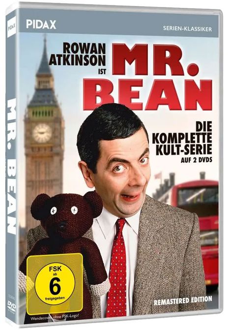 DVD-Cover mit „Rowan Atkinson ist Mr. Bean“, „Die komplette Kult-Serie auf 2 DVDs“. Big Ben und roter Bus im Hintergrund.