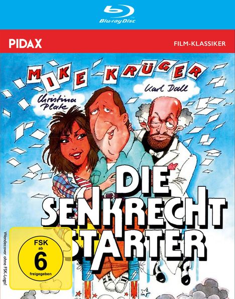 Aufschrift: "Die Senkrechtstarter". Darüber sind drei gezeichnete Personen. Links: Frau, Mitte: Mann, rechts: älterer Mann.