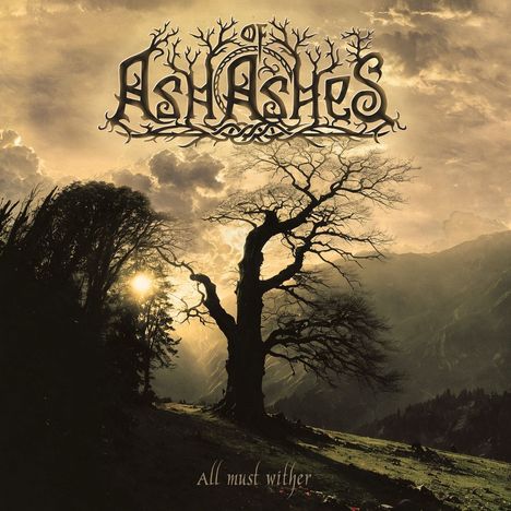 "Asche zu Asche", "All must wither". Silhouette eines kahlen Baums bei Sonnenuntergang, dramatische Wolken.