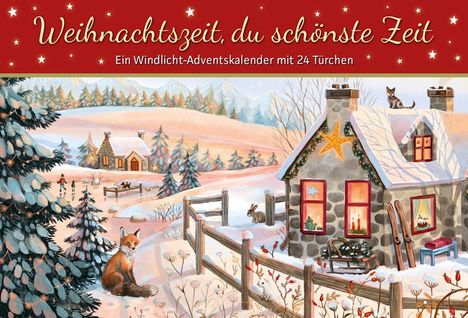 "Weihnachtszeit, du schönste Zeit. Ein Windlicht-Adventskalender mit 24 Türchen." Winterlandschaft mit Häusern, Fuchs und Katze.