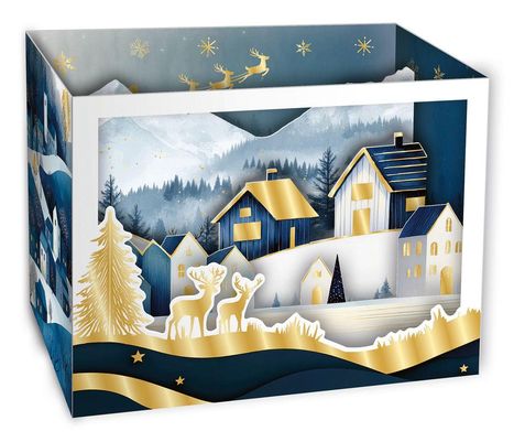 Illustration: Winterliches Dorf mit goldenen Akzenten, Rentieren und schneebedeckten Bergen, umgeben von Tannen.