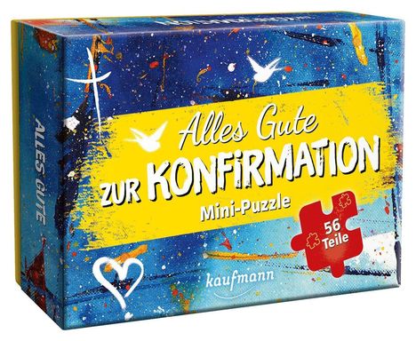 "Alles Gute zur Konfirmation" steht auf gelbem Band. Mini-Puzzle, 56 Teile. Bunte Box mit Herzen und Vögeln.