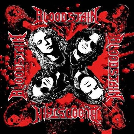 "Bloodstain" steht mehrfach in roten Buchstaben. Vier Personen abgebildet, Schwarz-Weiß-Kontrast auf rotem Hintergrund.