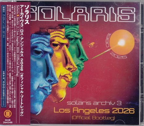 "solaris archiv 3. Los Angeles 2026 (Official Bootleg)." Drei bunte Gesichter auf rotem Hintergrund. Japanische Schrift links.