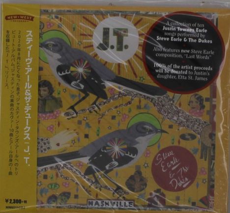 Text: "J.T.", "100% of the artist proceeds will be donated", "Nashville". Illustration: Zwei Vögel auf gelbem Hintergrund.