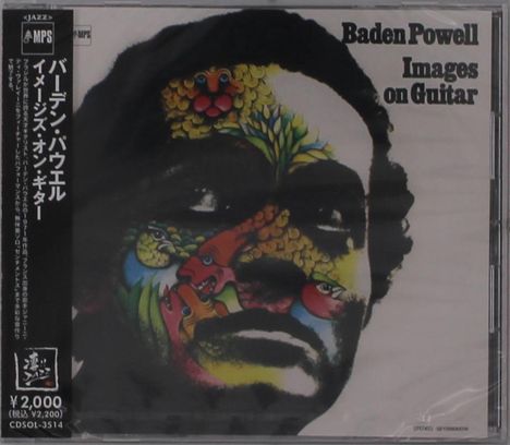 "Baden Powell Images on Guitar" steht oben rechts. Ein Gesicht, verziert mit bunten abstrakten Mustern, füllt den Hintergrund.