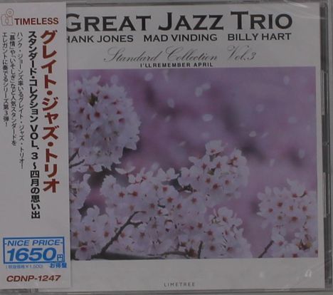 "Great Jazz Trio", "Hank Jones", "Mad Vinding", "Billy Hart", blühende Kirschblüten vor unscharfem Hintergrund.