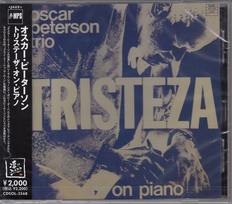 Text: "Oscar Peterson Trio TRISTEZA on piano" und japanische Schriftzeichen. Illustration: Musiker am Klavier in Blau.