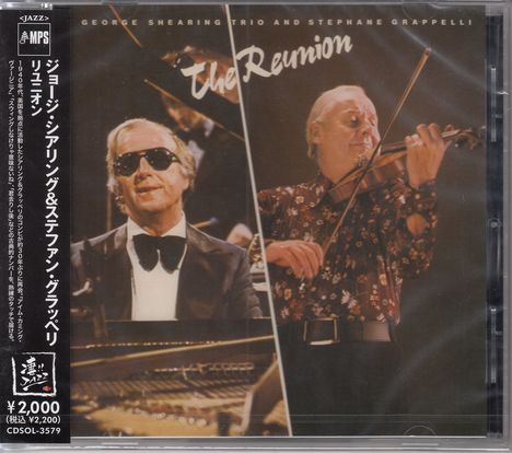 Oben steht "George Shearing Trio and Stephane Grappelli The Reunion". Links japanischer Text, unten Preisangabe. Links: Ein Mann spielt Klavier, rechts: Ein Mann mit Geige.