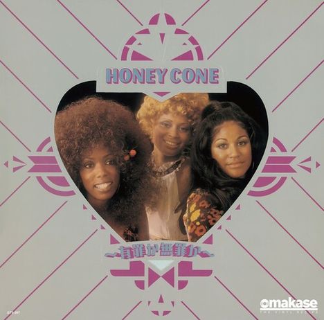 Text: "HONEY CONE" oben, japanische Schrift unten. 
Illustration: Drei Frauen, nostalgisches Design in Herzform.