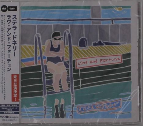 "Love And Fortune" in weiß auf rotem Schild. Illustration: Person in Badeanzug auf Leiter am Schwimmbecken.