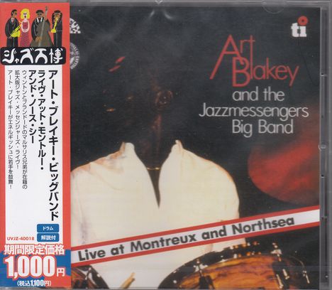 "Art Blakey and the Jazzmessengers Big Band" und "Live at Montreux and Northsea" in weißem Text auf dunklem Hintergrund.